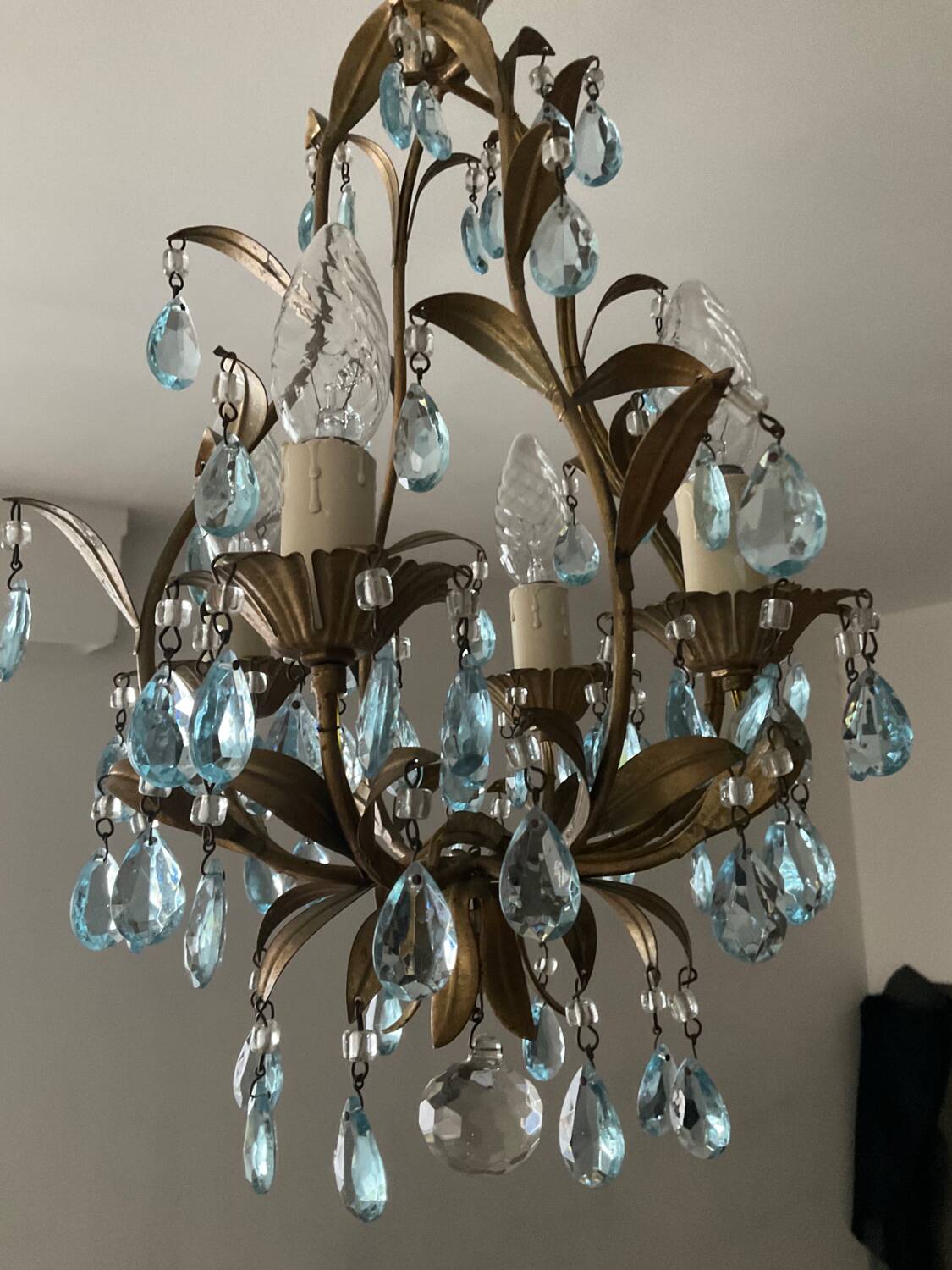 Antique Italian chandelier with cage and blue tassels