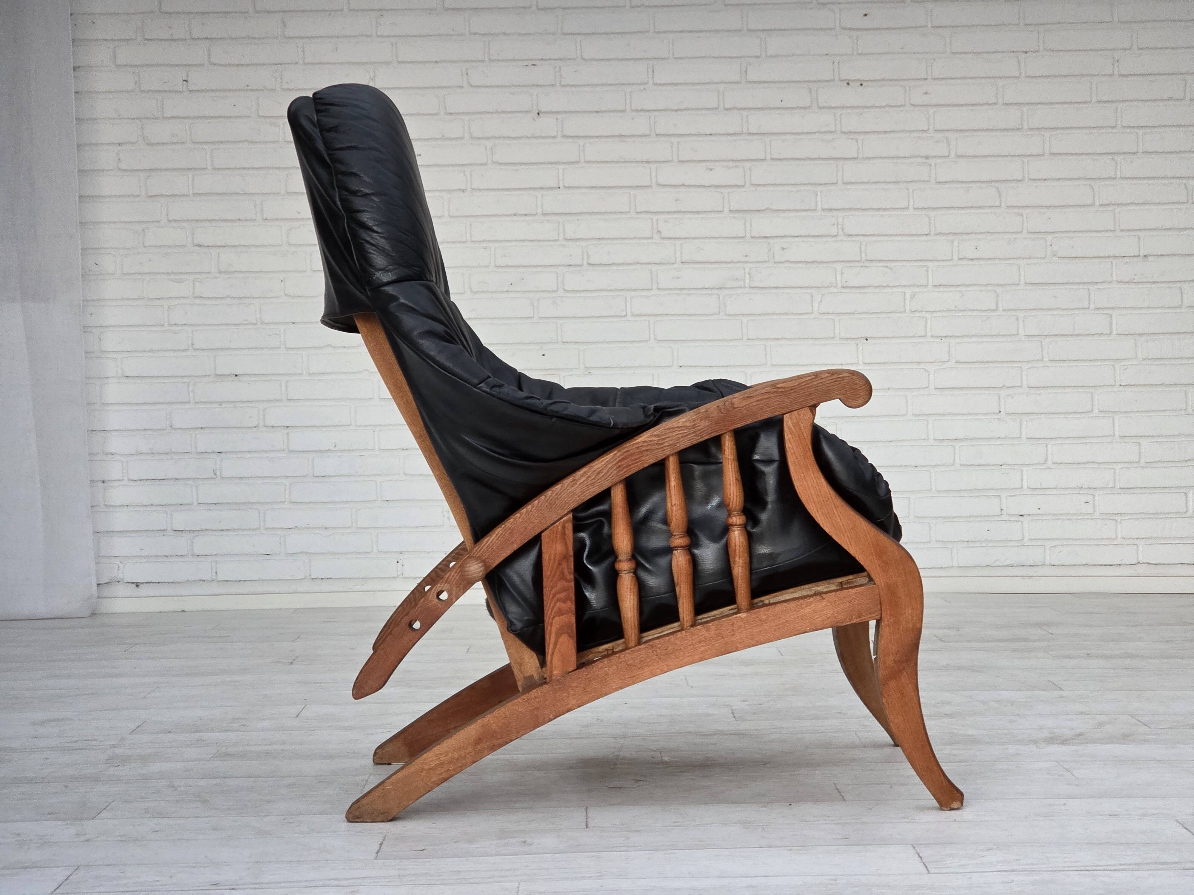 1950s, vintage adjustable armchair, black leather, ash wood.