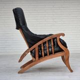 1950s, vintage adjustable armchair, black leather, ash wood.