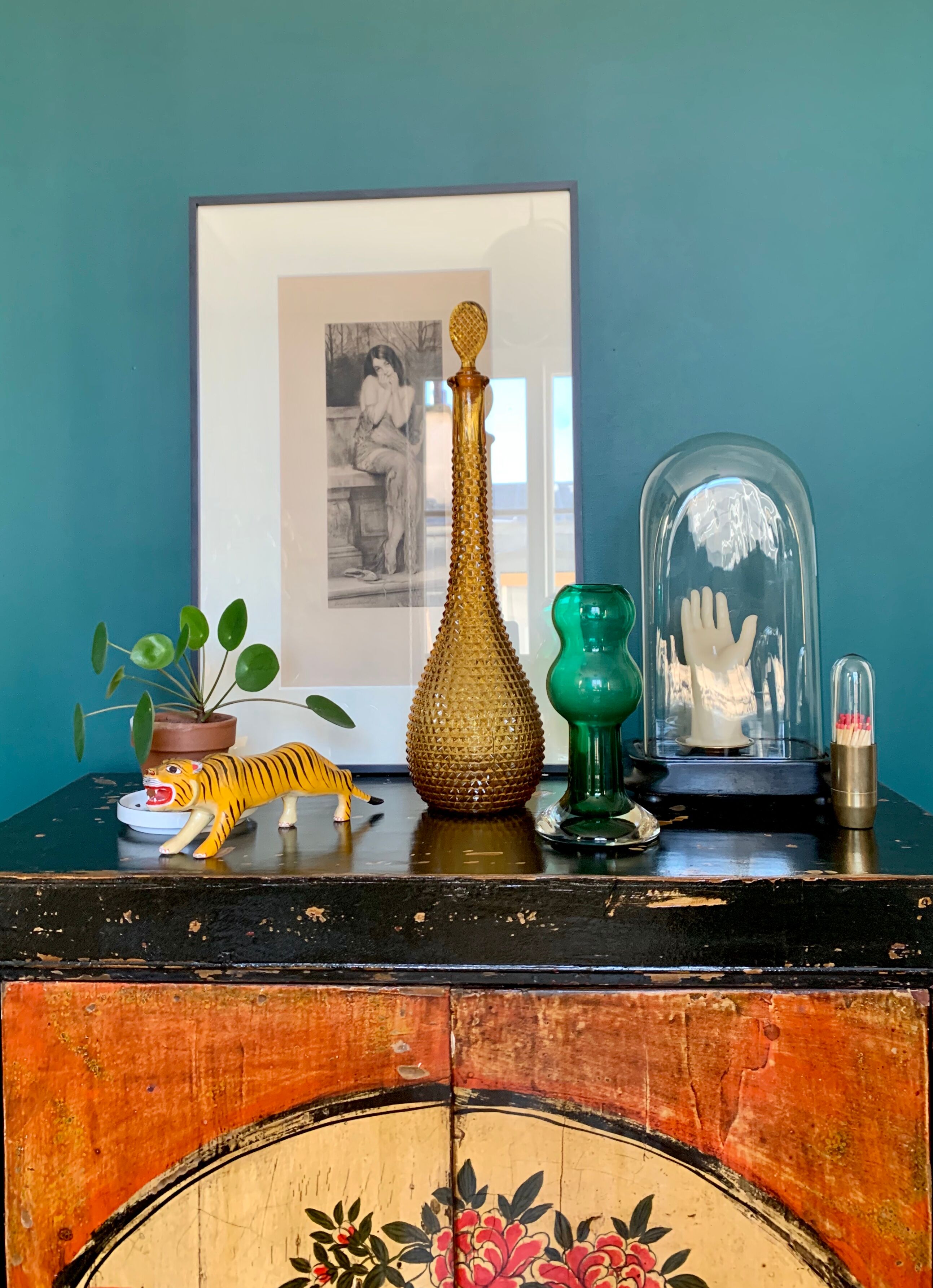 Italian carafe amber diamond tip motif Empoli, blown glass Italy circa 1950