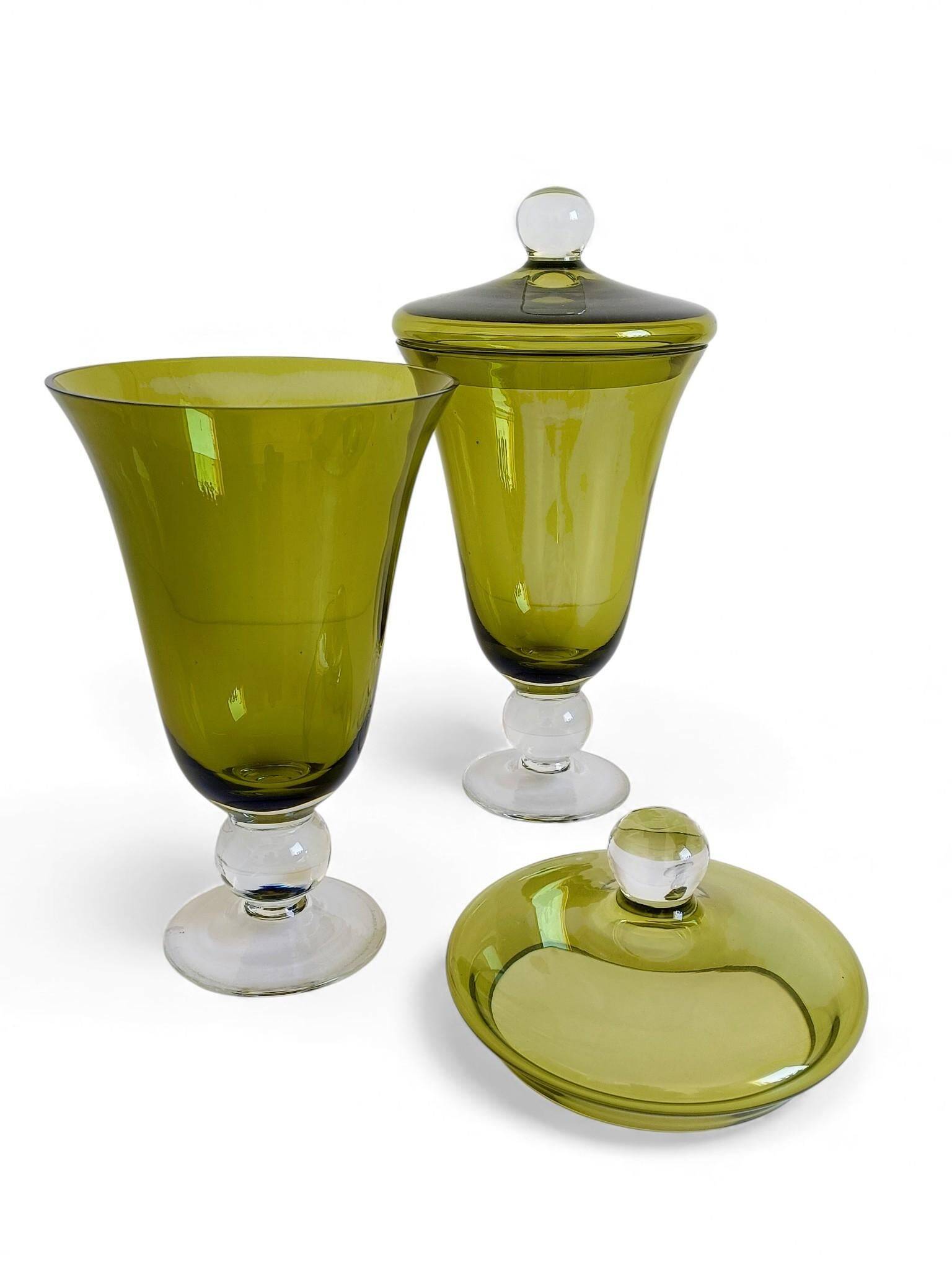 Murano Glass Green Lidded Urns, Venini Style, Italy, 1950s