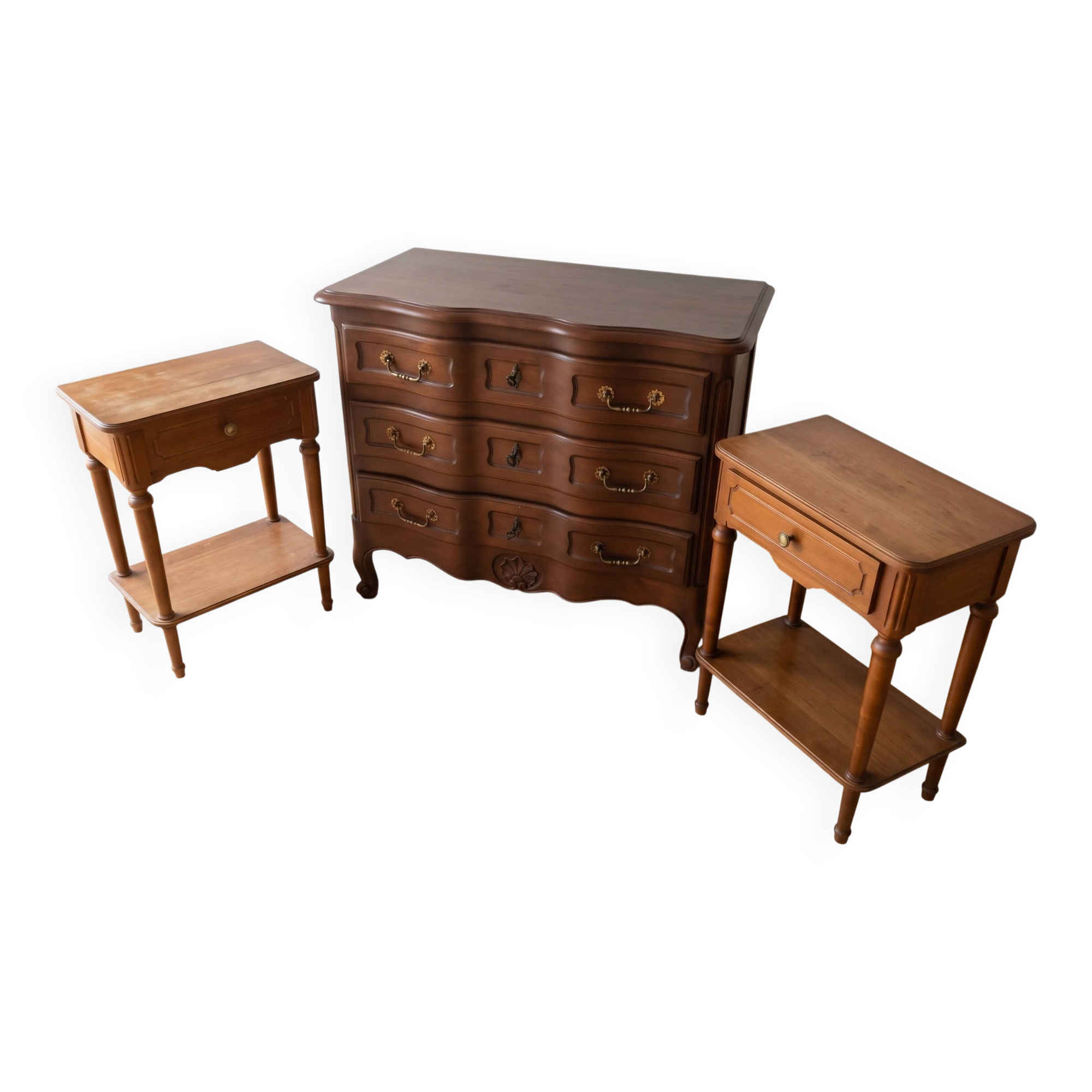 Louis XV style dresser and 2 bedside tables in solid cherry wood.