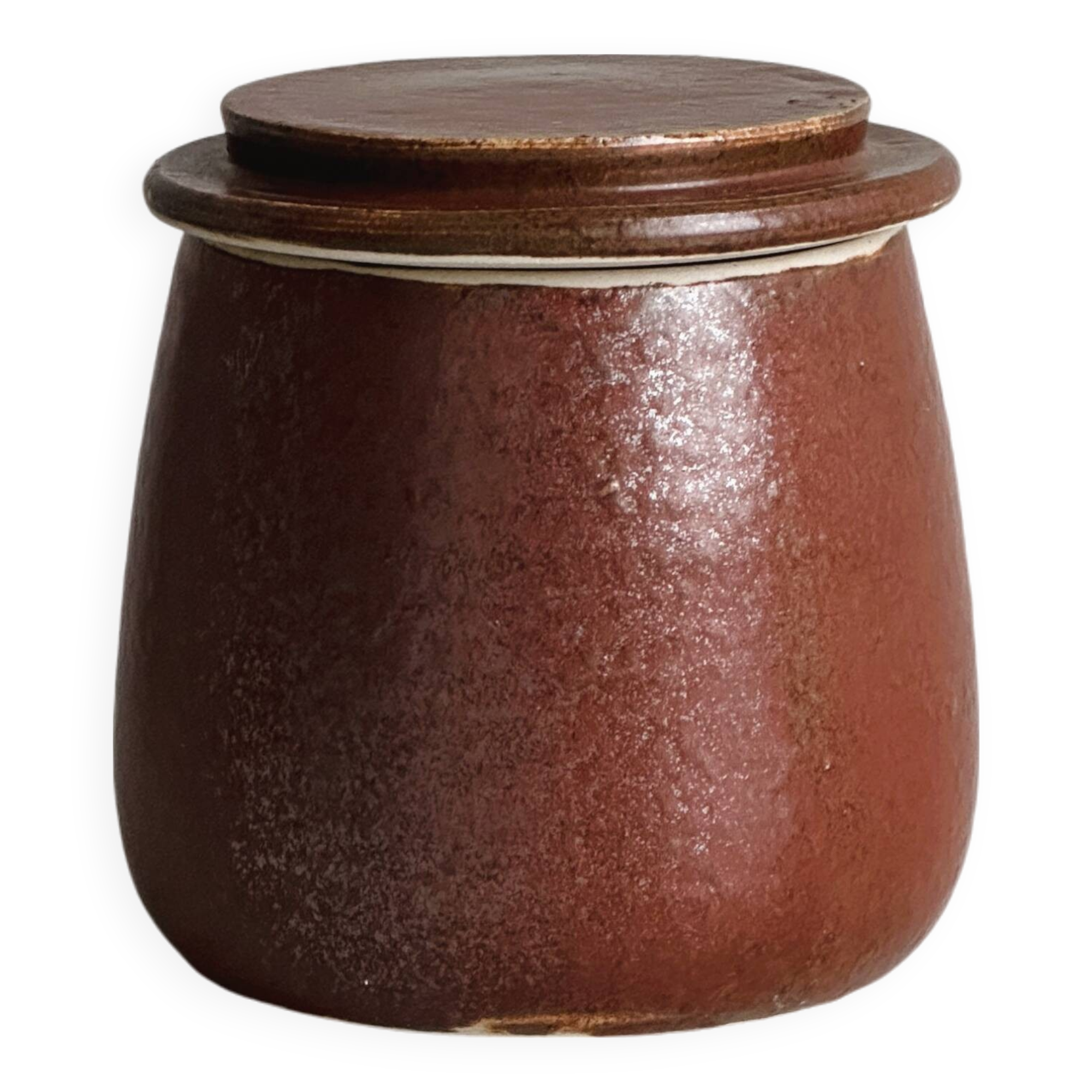 Antique butter dish in burgundy glazed stoneware
