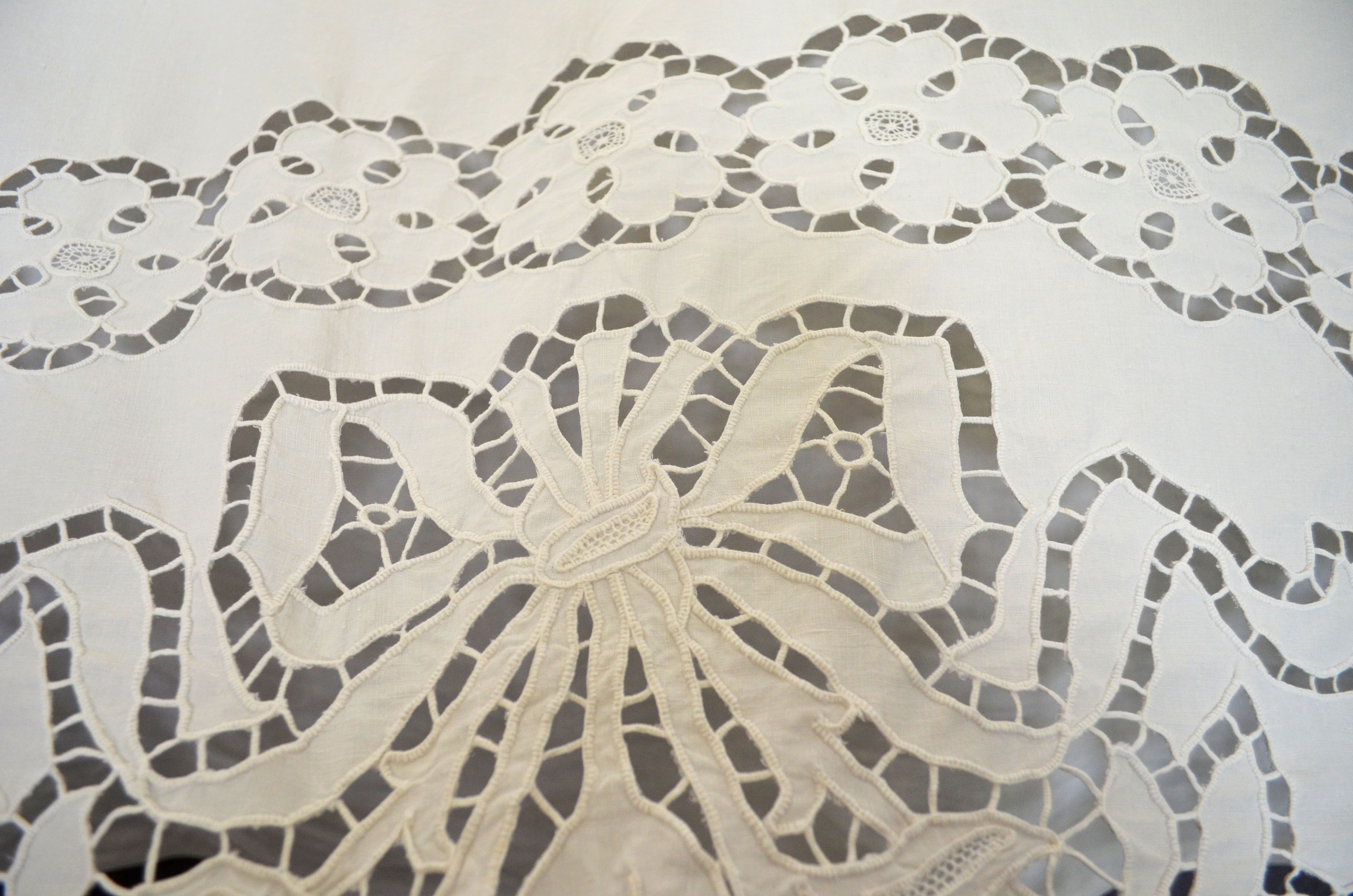 Antique linen sheet embroidery richelieu