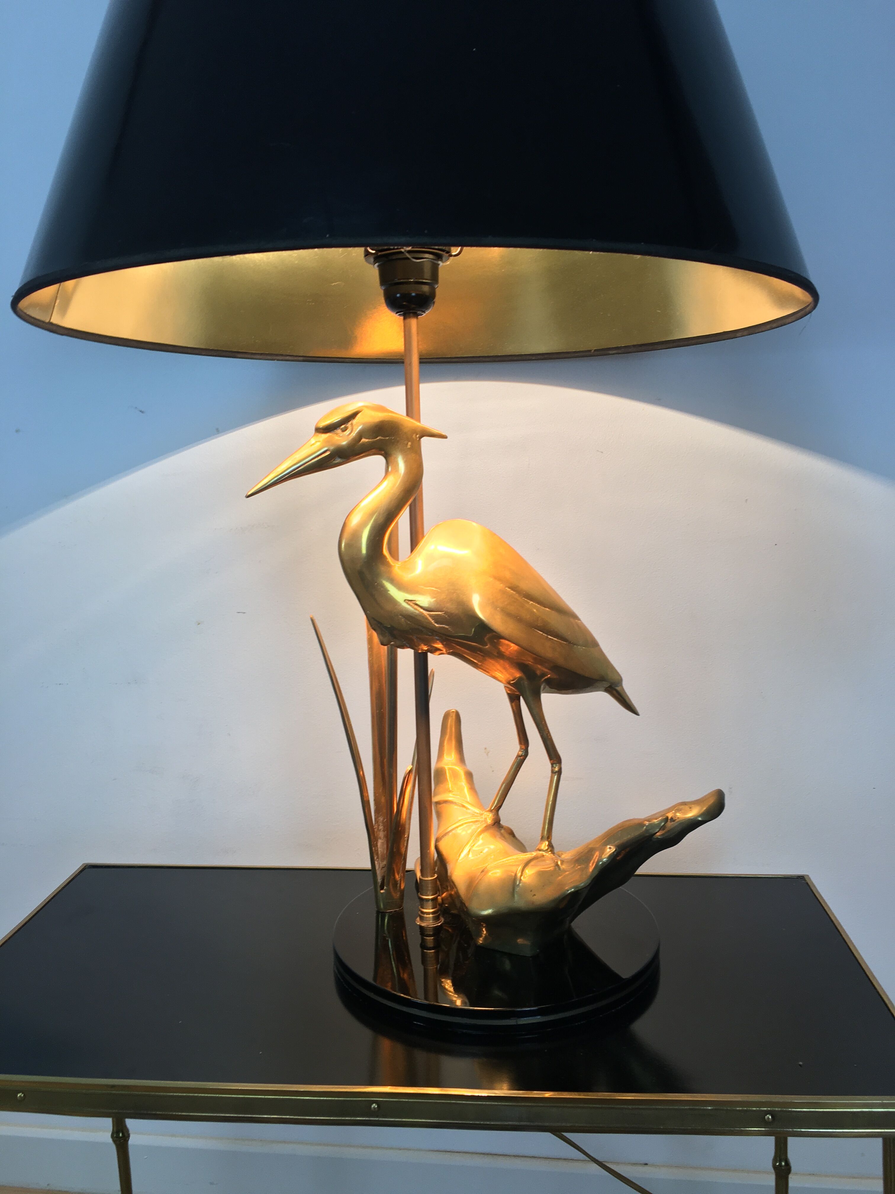 Heron lamp, golden brass animal style
