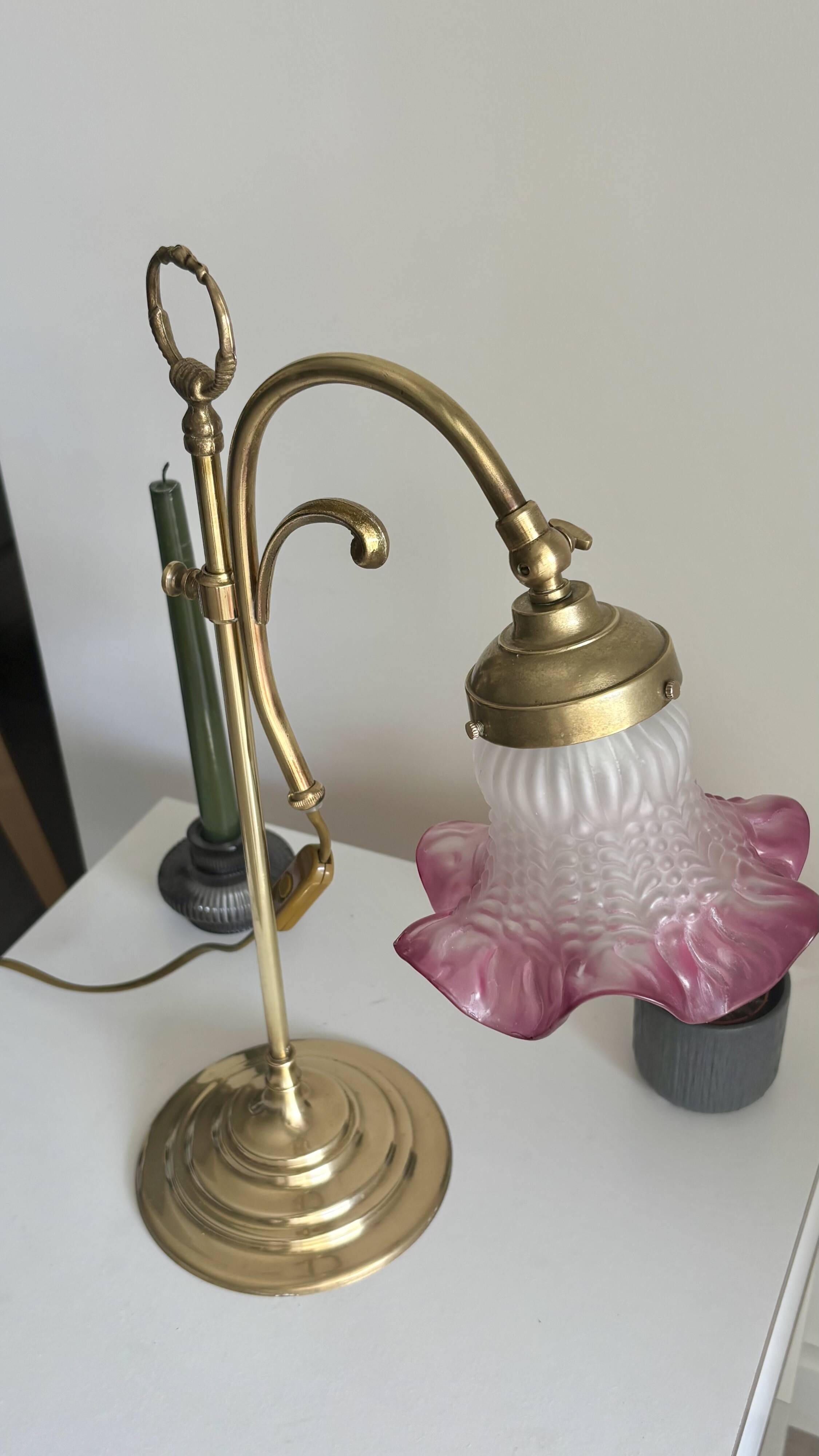 Art Nouveau style lamp in gilded brass and pink opaline tulip