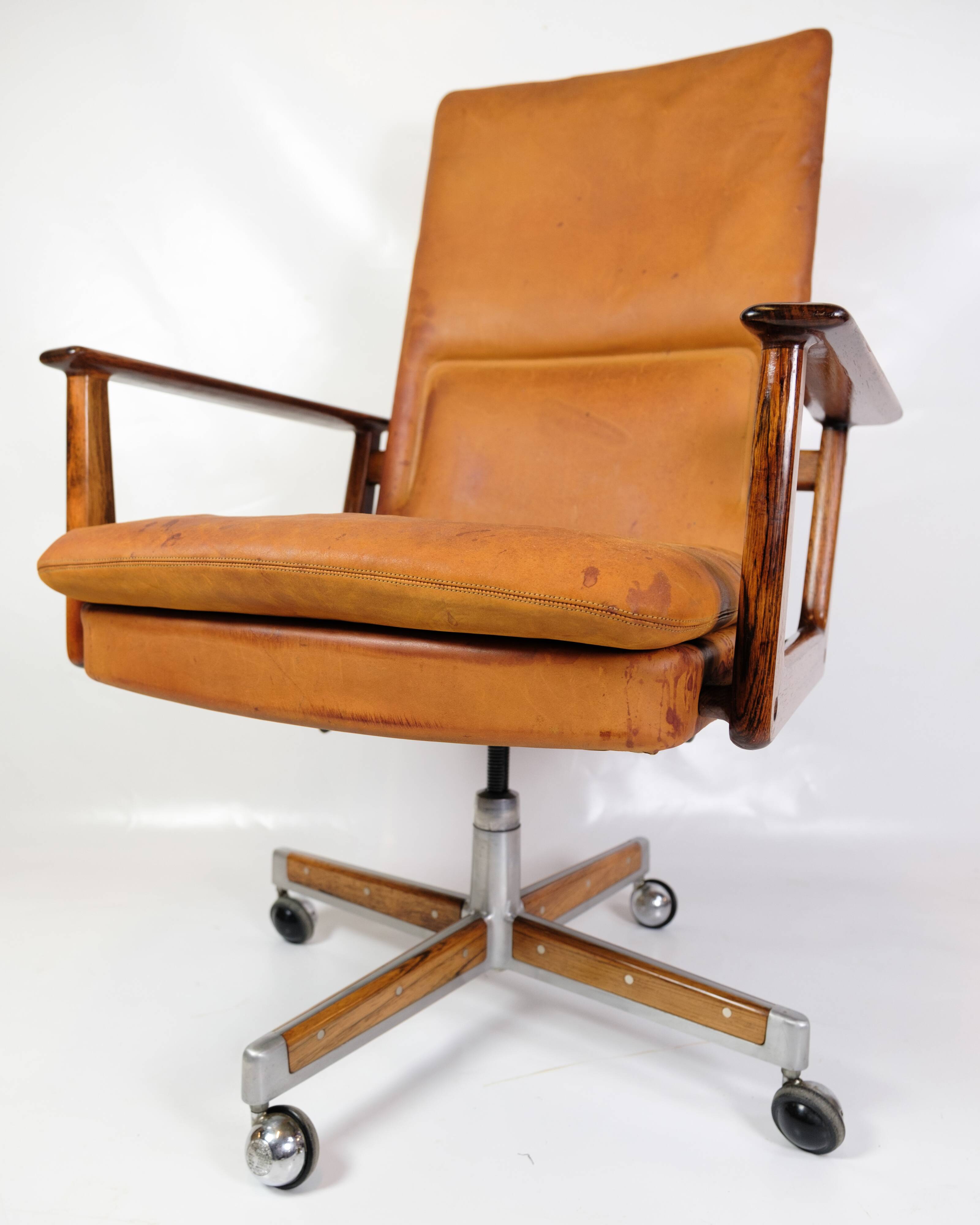 Office Chair Model 419 Made In Rosewood With Cognac Leather Seat By Arne Vodder For Sibast from 1960
