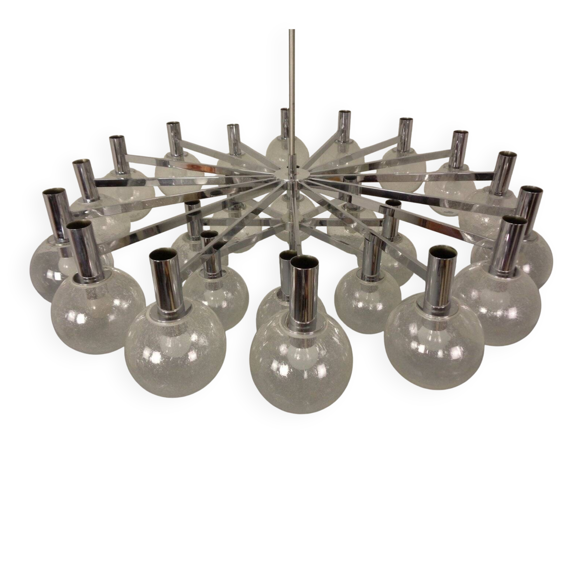 Large chromed spider Sputnik lamp with 24 hand-blown ice glass balls from Ott International, Germany, 1960s.