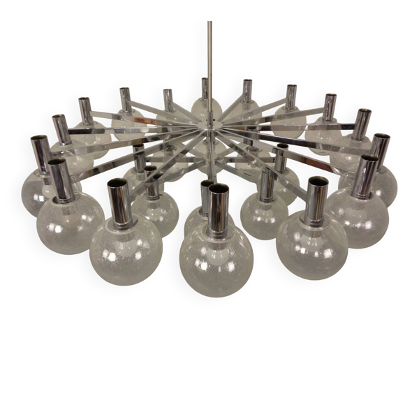 Large Chromed Spider Sputnik Lamp with 24 Handblownd Ice Glass Balls from Ott International, Germany, 1960s