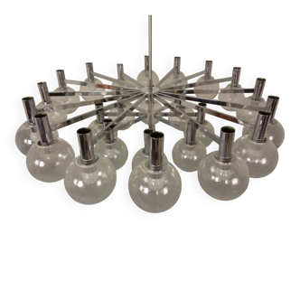 Large chromed spider Sputnik lamp with 24 hand-blown ice glass balls from Ott International, Germany, 1960s.