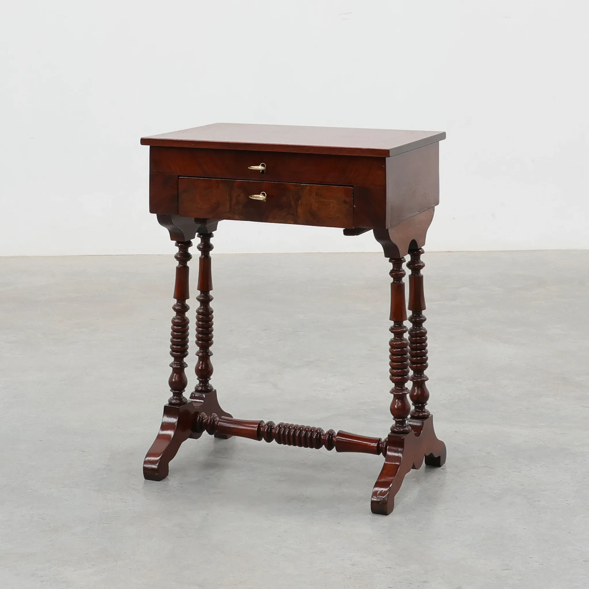 Louis Philippe Side Table with Two Drawers and Turned Twin Legs, France, 18