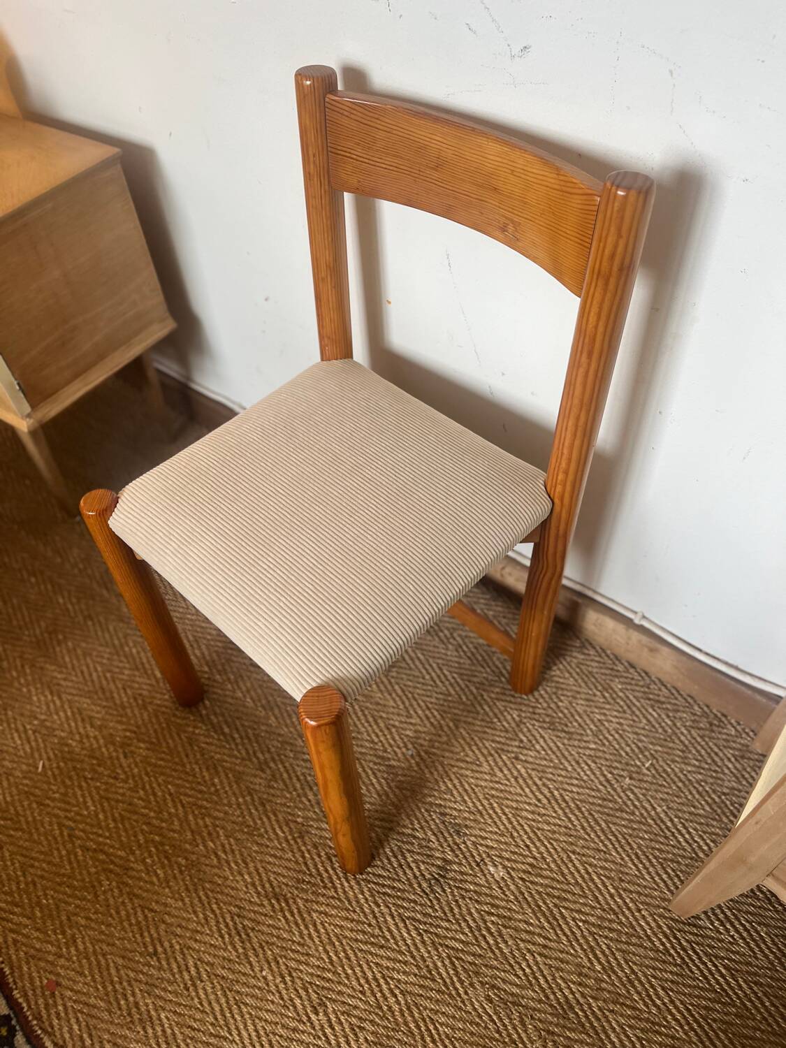 Vintage wooden chair with cream white corduroy seat