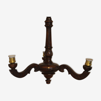 Carved wooden chandelier patinated brown, 3 arms of light
