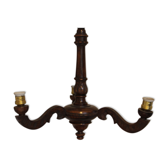 Carved wooden chandelier patinated brown, 3 arms of light