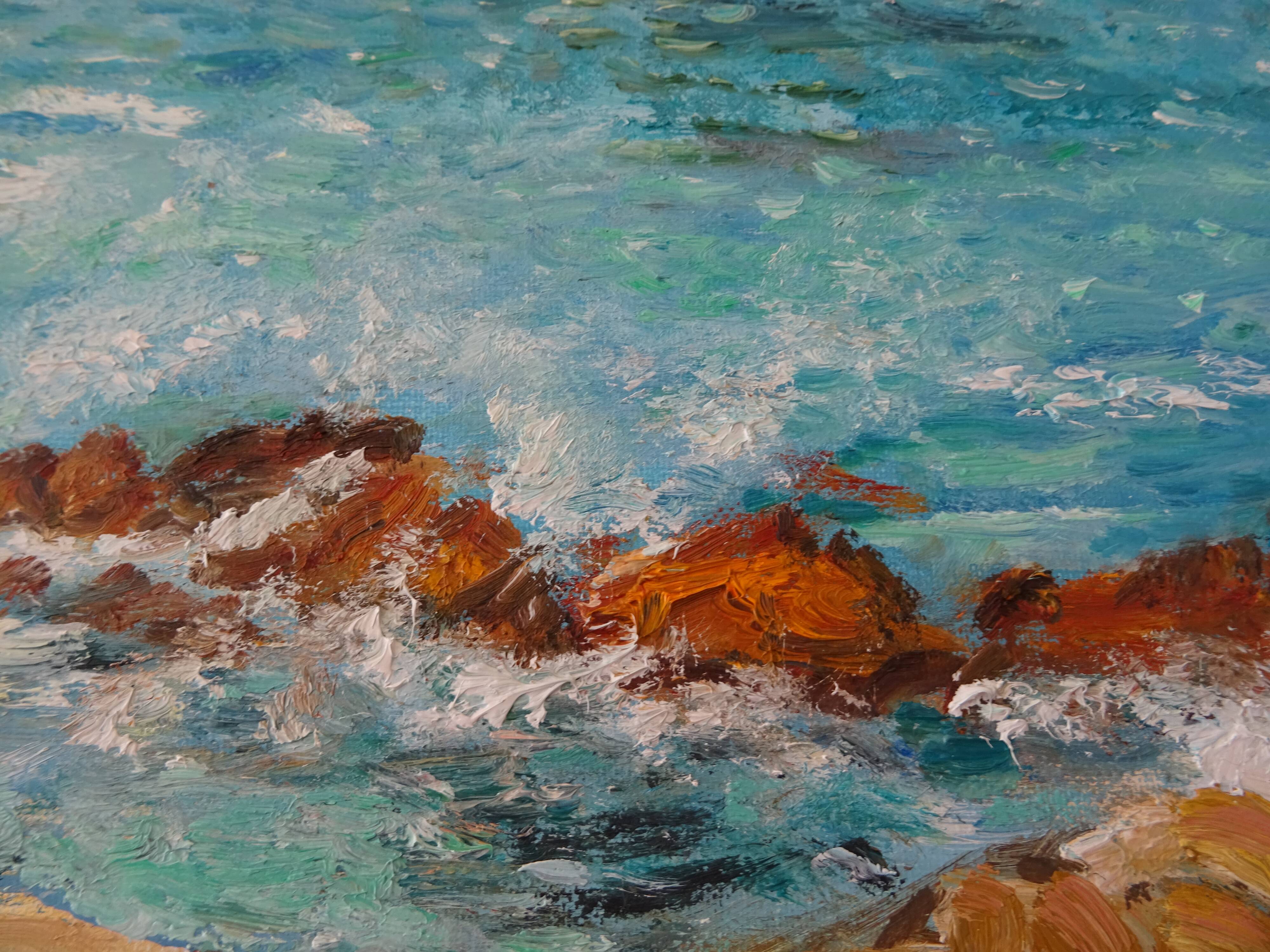 Seaside fisherman painting oil on canvas signed