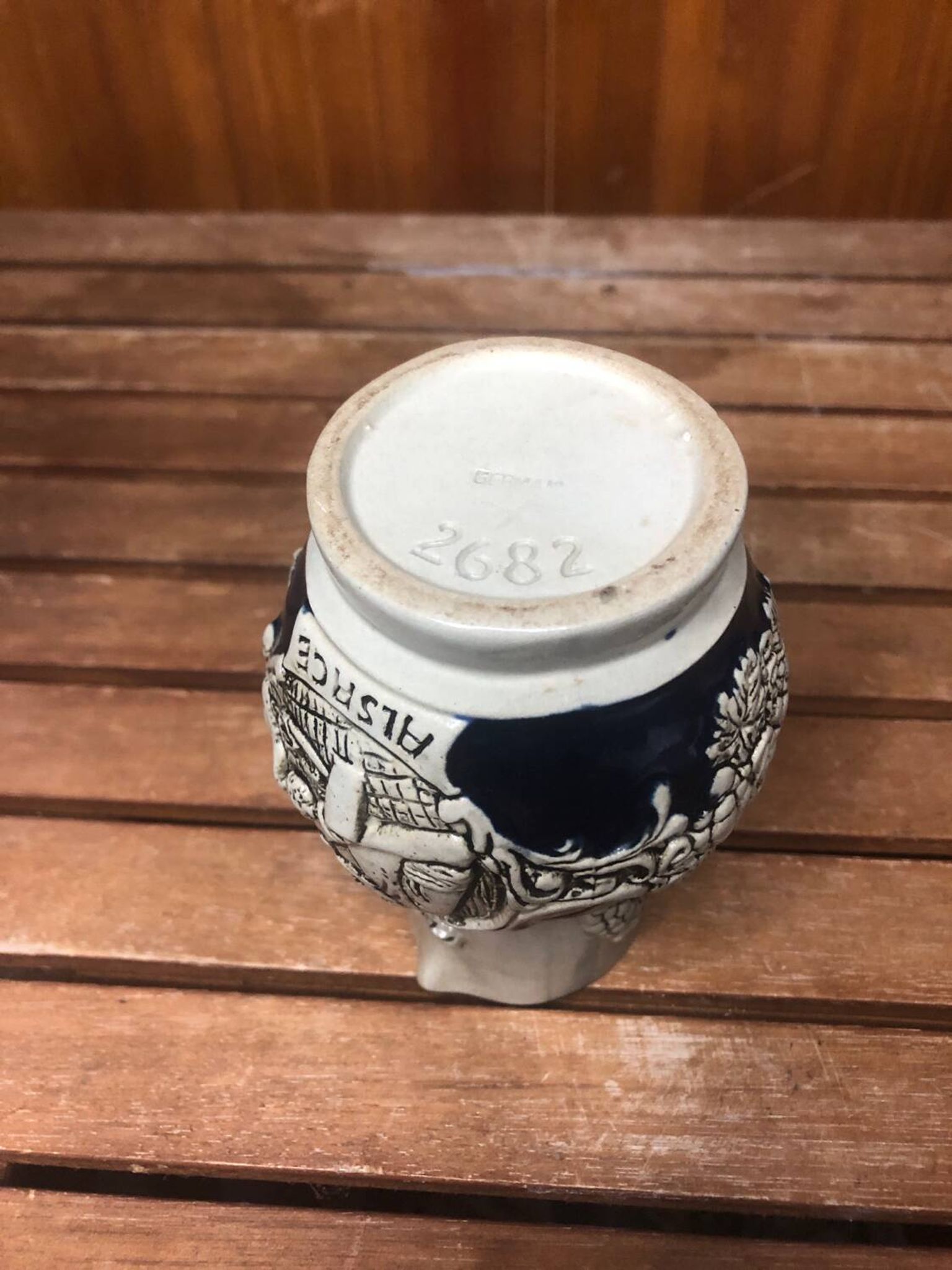 Old alsace ceramic pitcher gray blue vintage vines decor