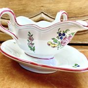 Ancienne saucière faïence Lunéville modèle réverbère rose tulipe