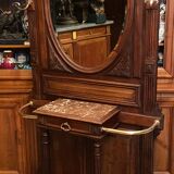Solid walnut vestibule coat rack with oval mirror and bronze hooks