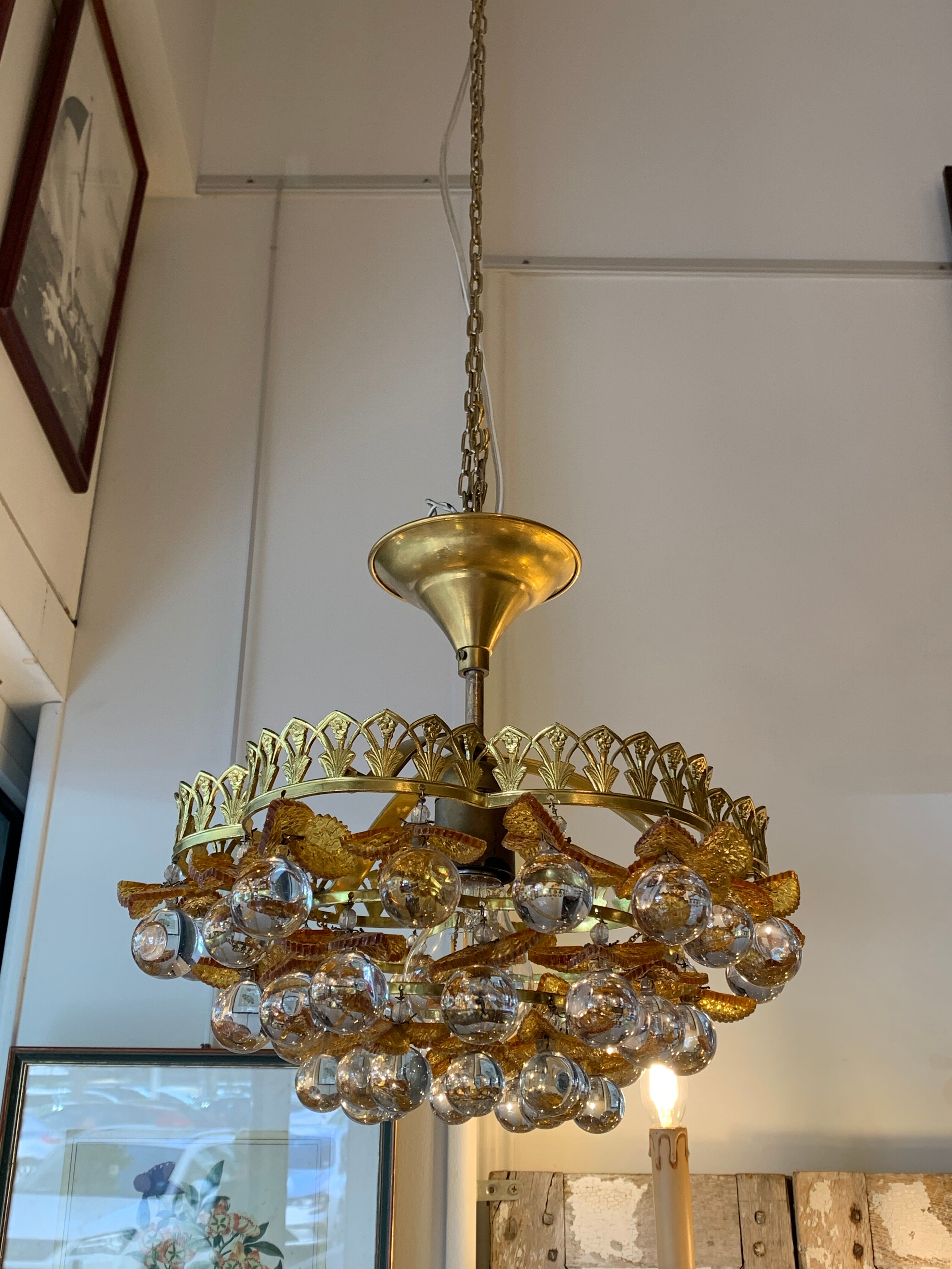 Murano ceiling light yellow flowers and glass balls 1970