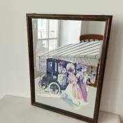 Vintage 1960s mirror - Retro "Belle Époque" scene - Wooden frame