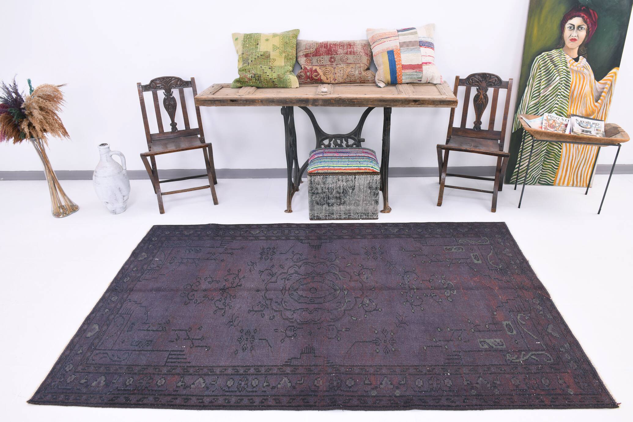 4x8 Shades Of Purple Oriental Handmade Wool Turkish Vintage Rug, 140x230Cm