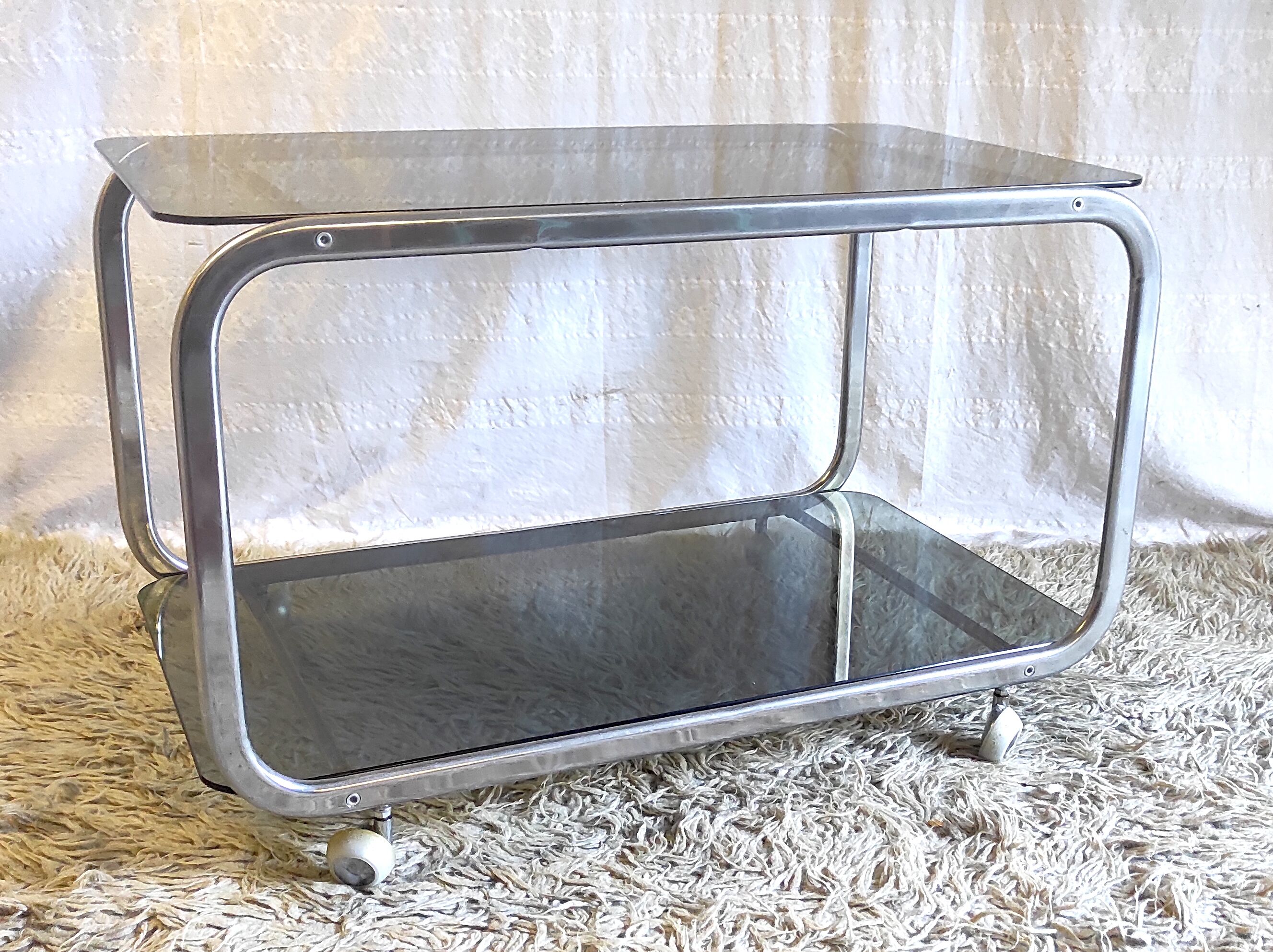 Side table in chromed metal and smoked glass, 60s-70s