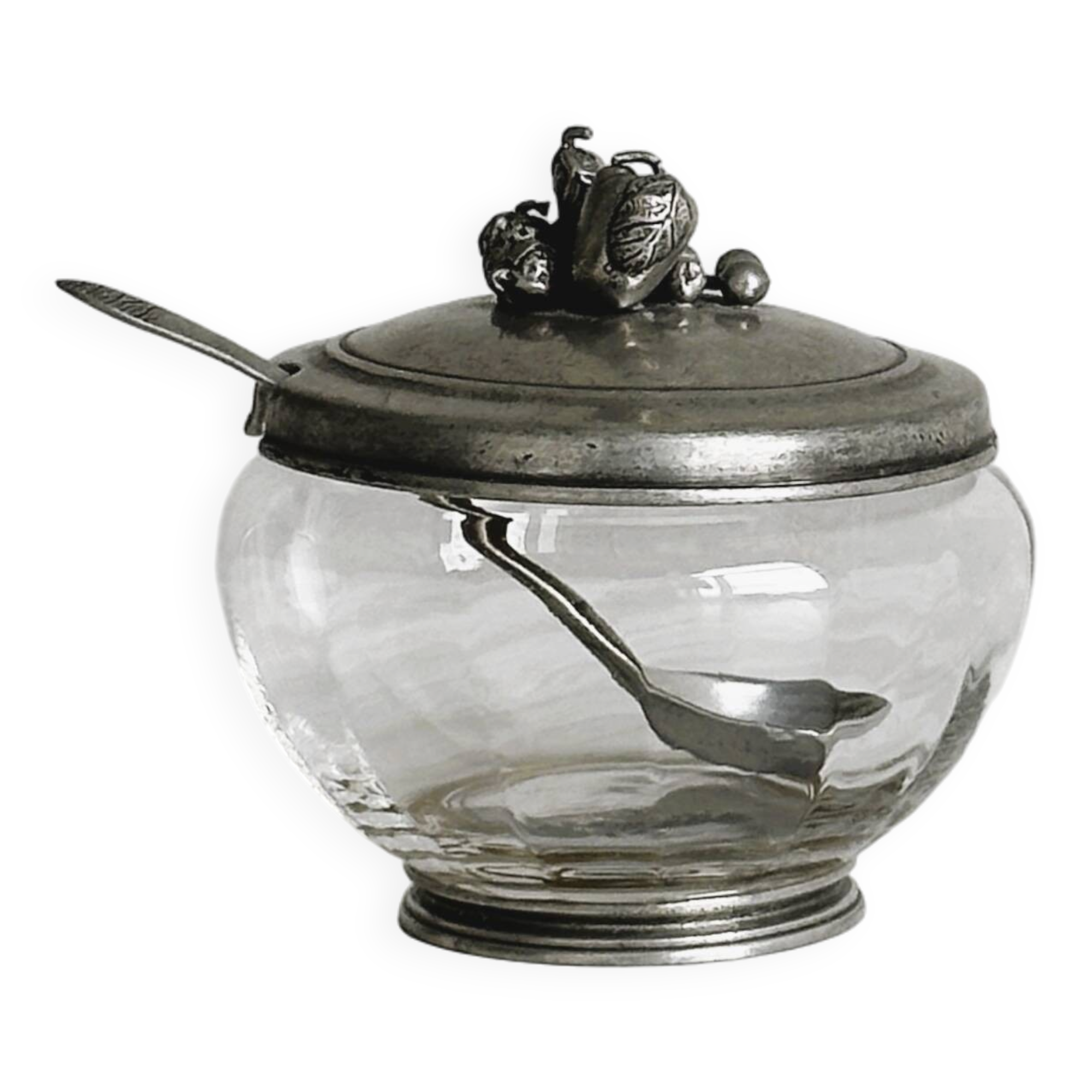 Sucrier ou moutardier ancien en verre et étain