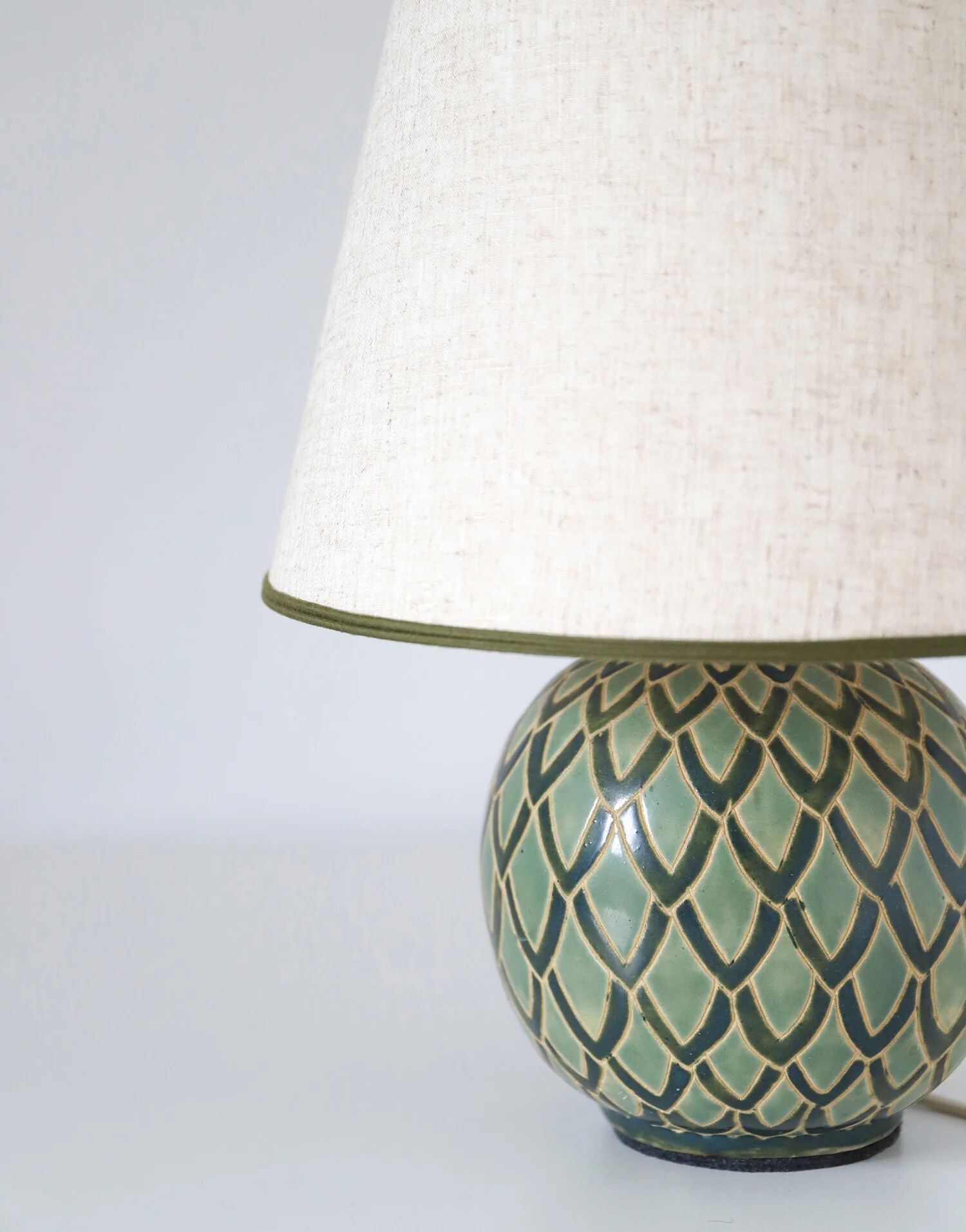Recycled vintage lamp — ceramic art deco ball base and linen shade