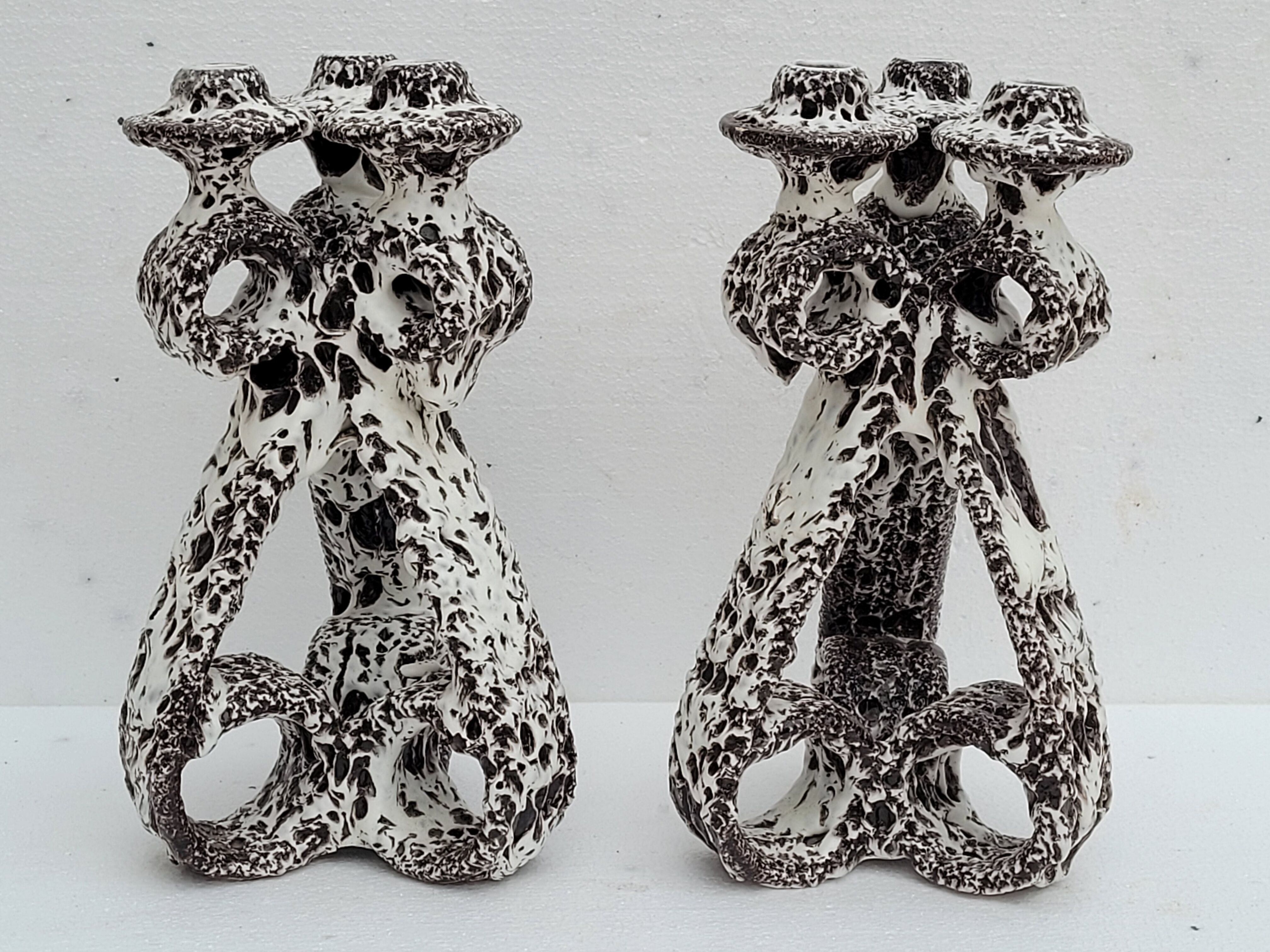 Pair of three-burner candelabra candlesticks by Marius Giuge glazed ceramic Vallauris 1950