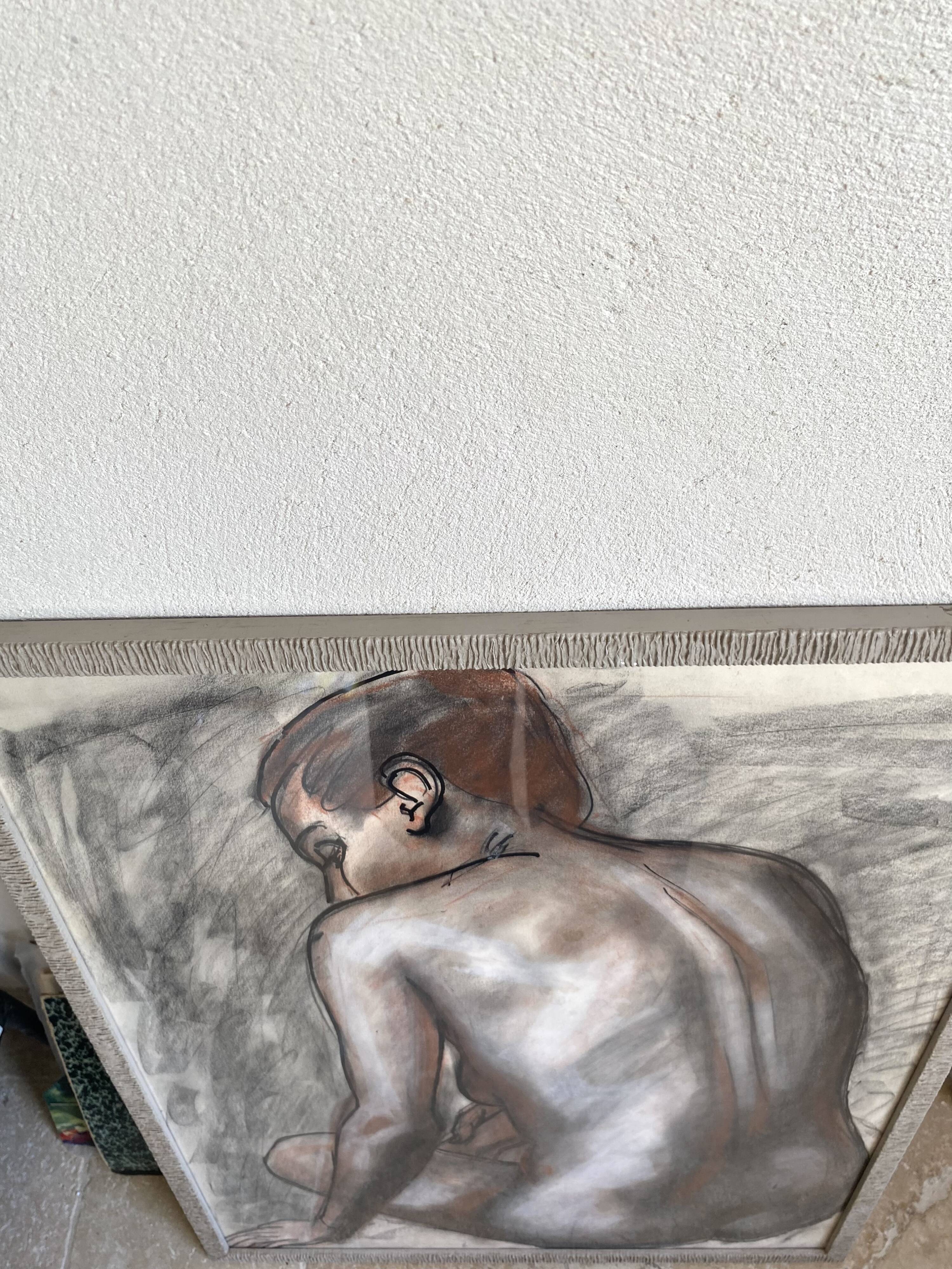 Glazed wood frame nude drawing on paper