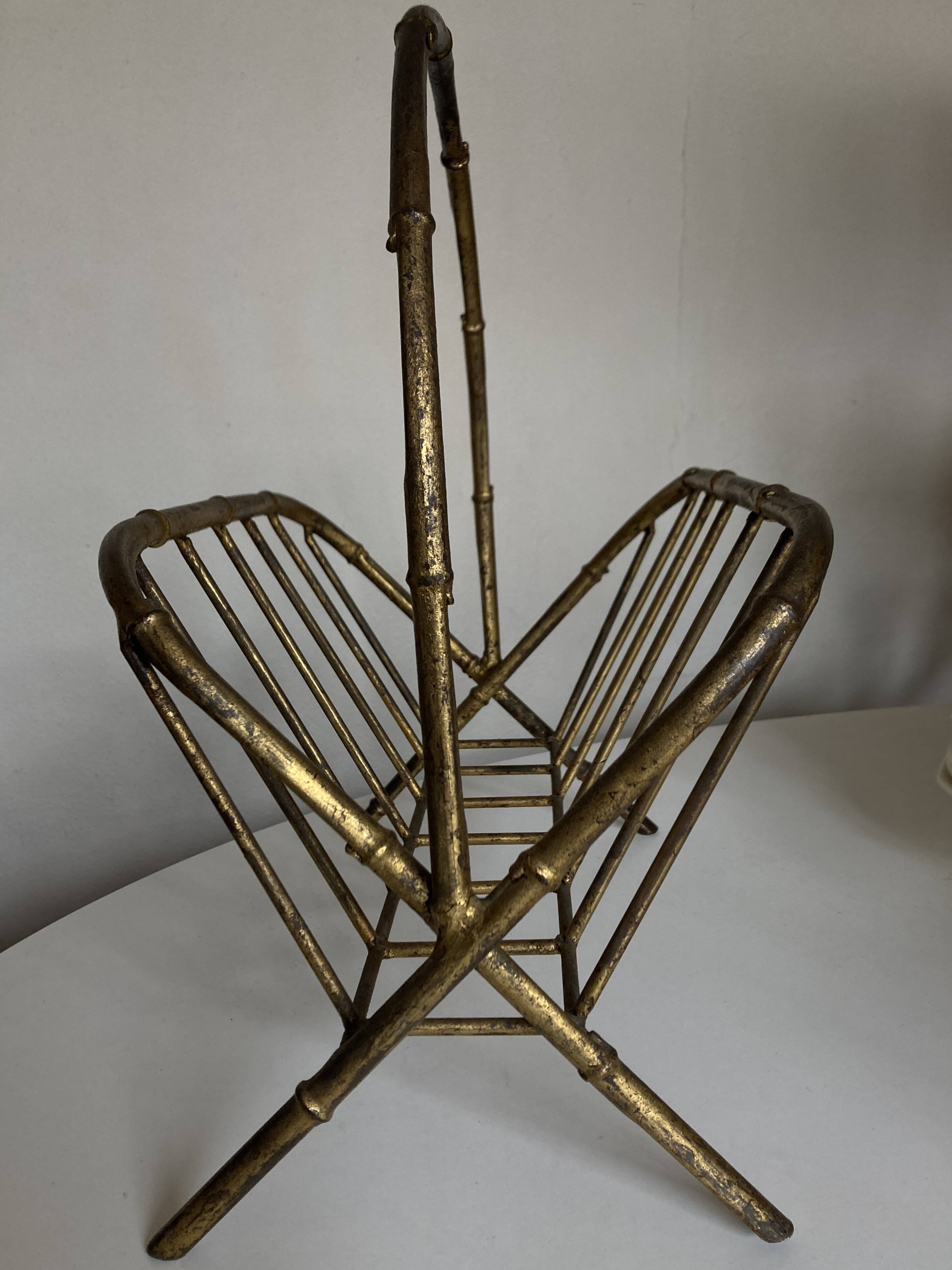 1960 magazine rack faux bamboo in beaten gold iron Italian craftsmanship