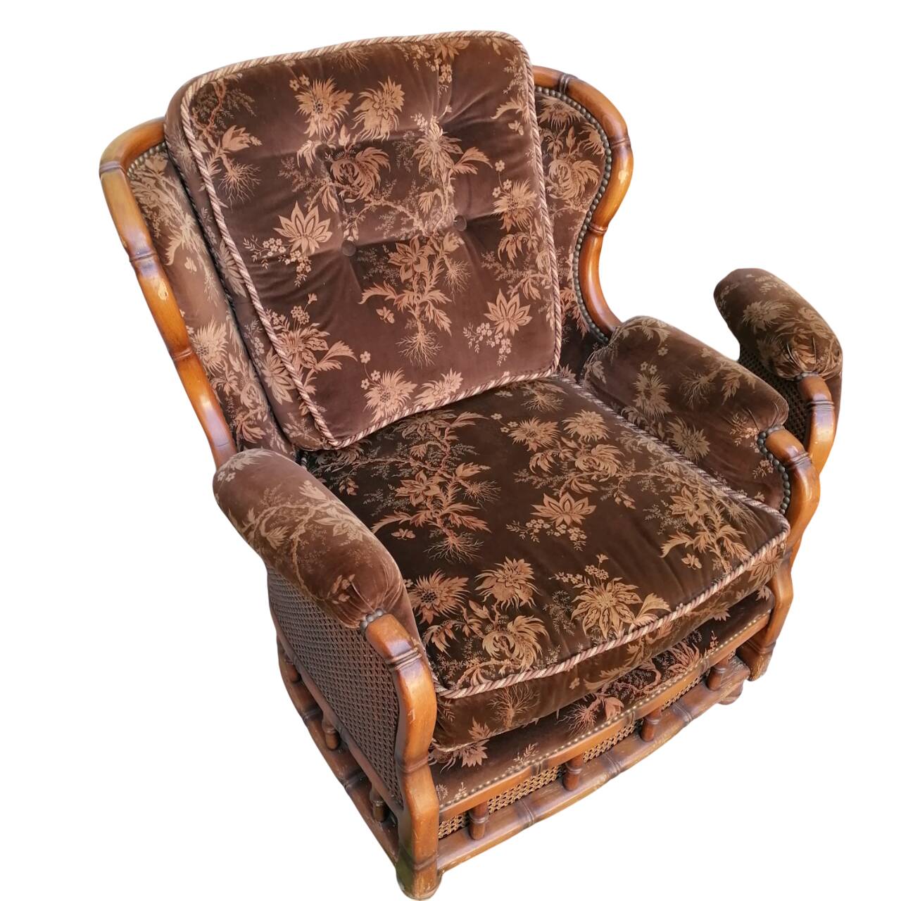 Poltrone bergère italiane in velluto e paglia di Vienna, anni '70, set di 2