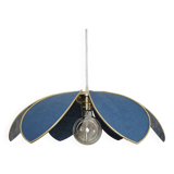 Suspension fleur 6 pétales structure métal, lin bleu ardoise