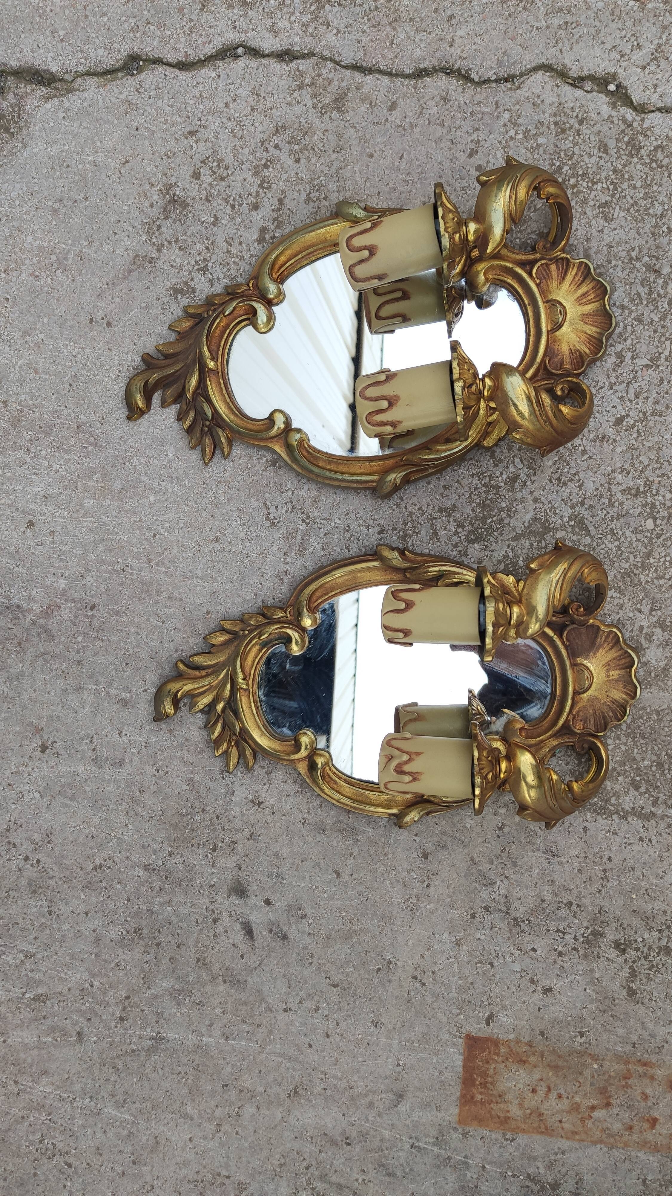 Pair of appliques in gilded bronze and Louis XV style mirror