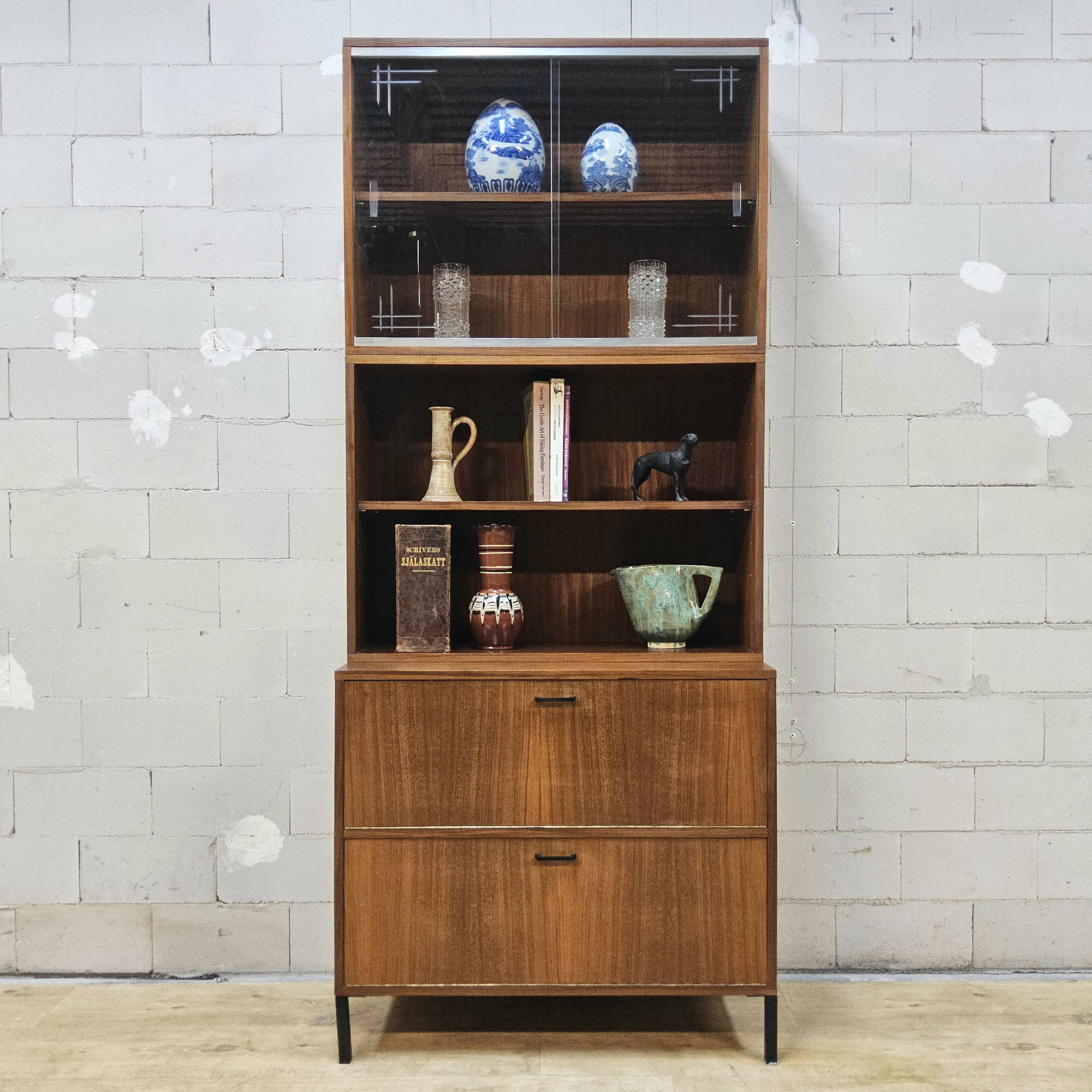 Vintage 60s teak bookcase drinks cabinet (display cabinet) 3 parts