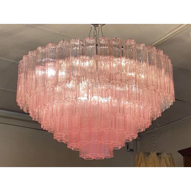 Contemporary pink "tronchi" murano glass chandelier in venini style