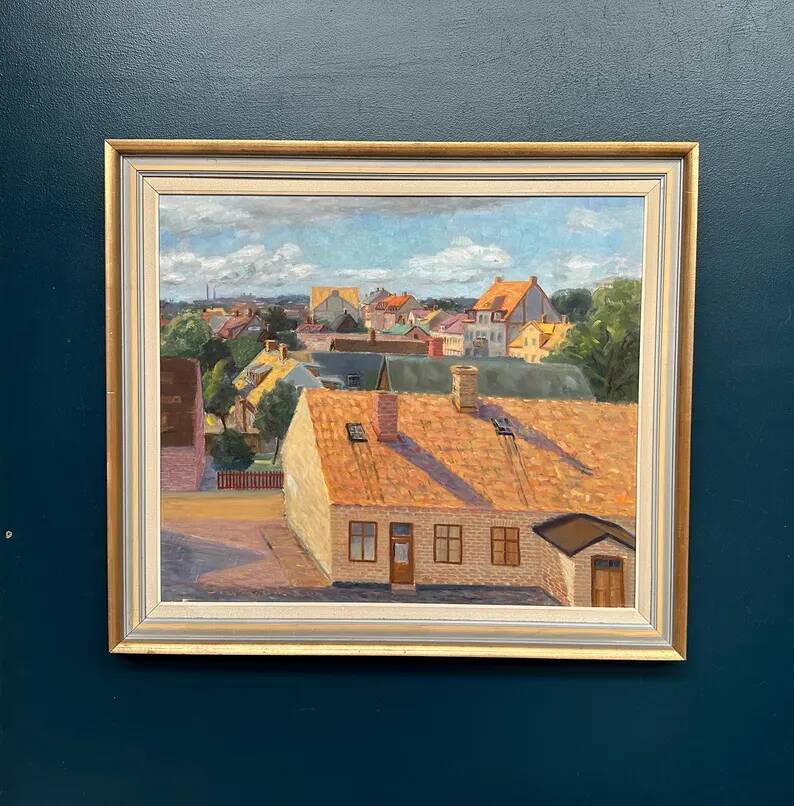 Large Original Swedish Oil on Panel – "Urban Landscape" by Wilhelm Matton – Signed – Dated 1947 – Framed – 83 × 73 cm (32.7 in × 28.7 in)