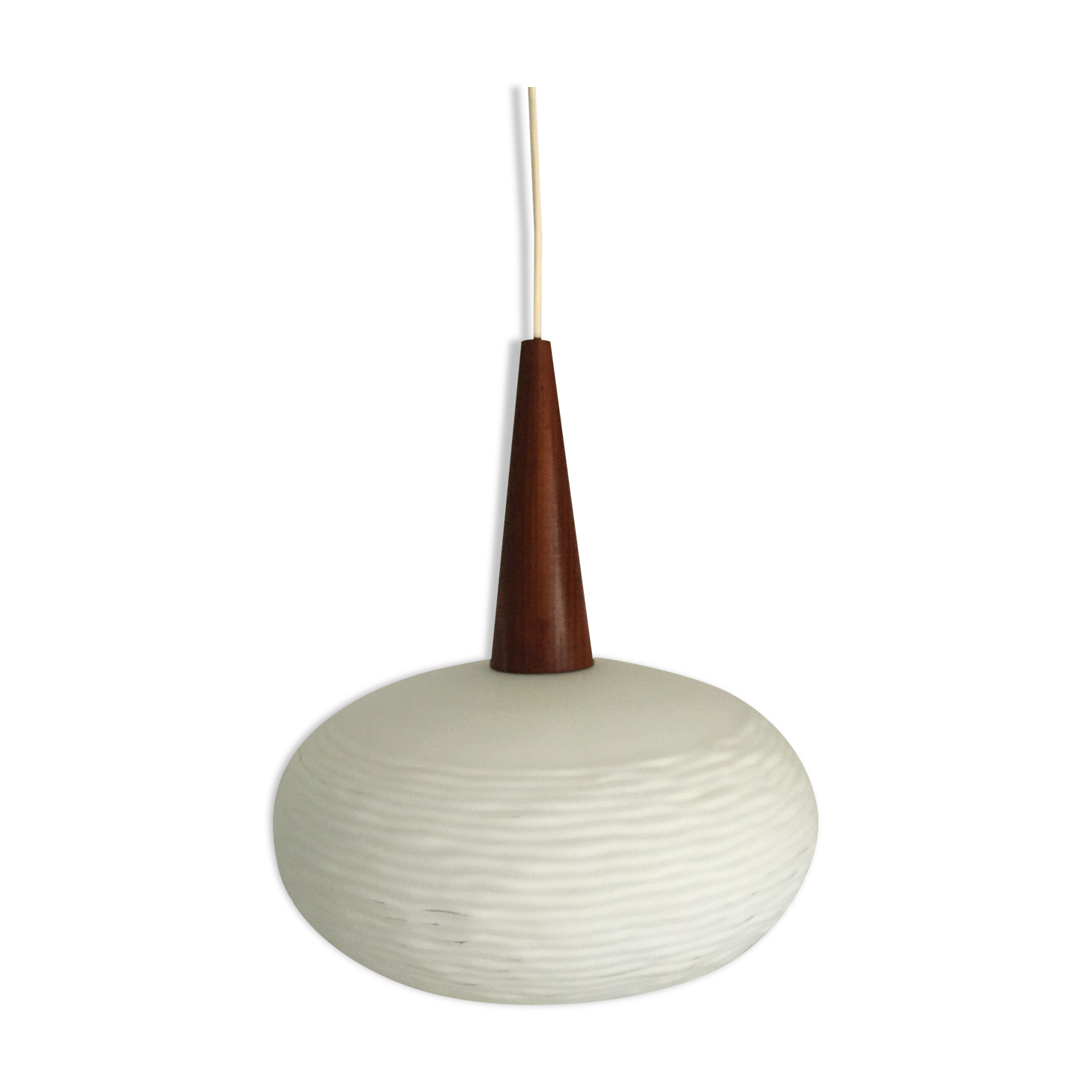 Vintage opaline and teak pendant lamp by Louis Kalff for Philips 1960