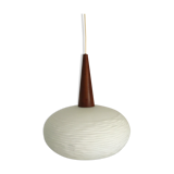 Vintage opaline and teak pendant lamp by Louis Kalff for Philips 1960