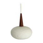 Vintage opaline and teak pendant lamp by Louis Kalff for Philips 1960