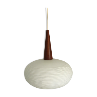 Vintage opaline and teak pendant lamp by Louis Kalff for Philips 1960
