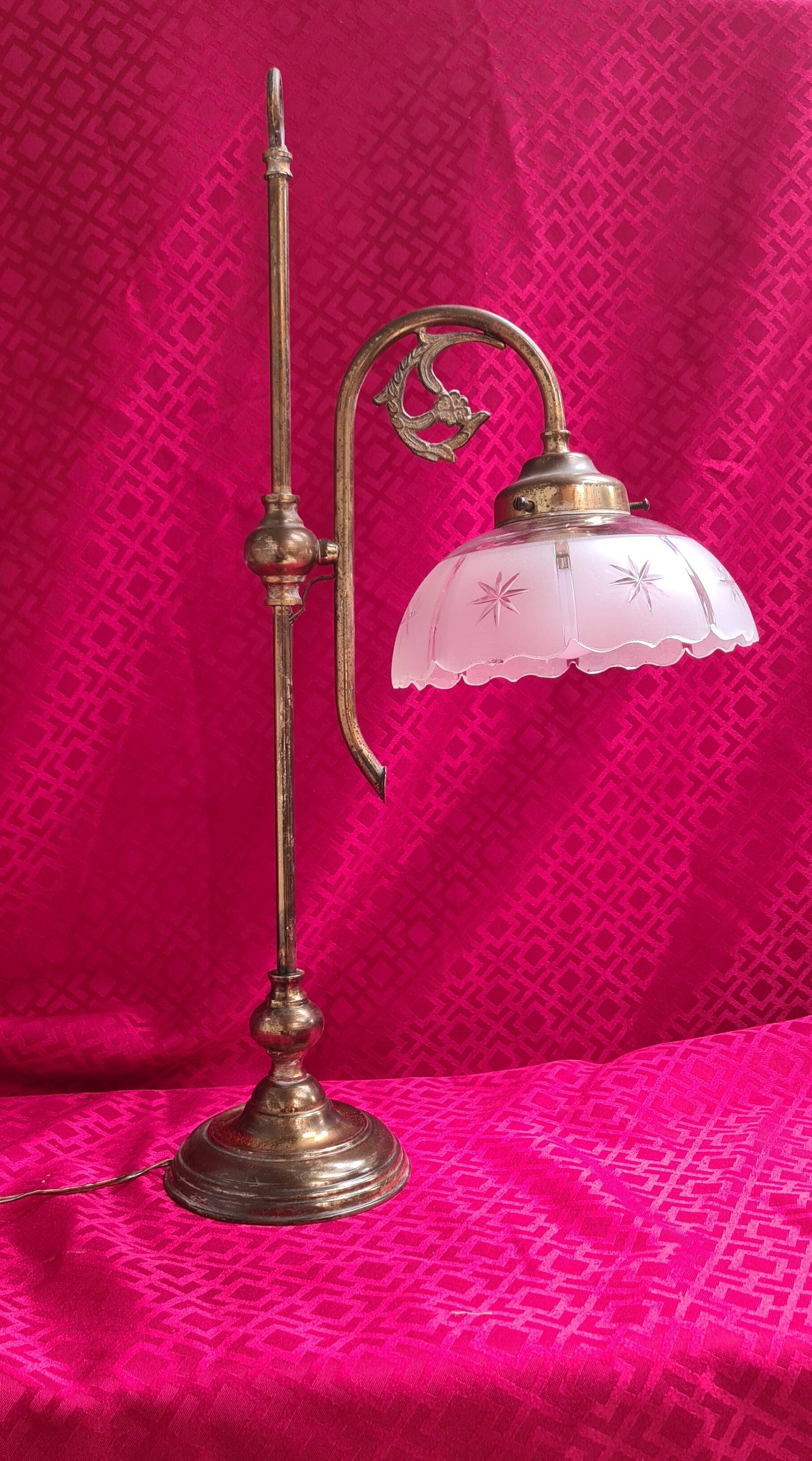 large 1900 brass lamp and cut and opaque glass lampshade, 53x25 original elec,