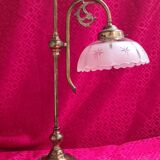 large 1900 brass lamp and cut and opaque glass lampshade, 53x25 original elec,