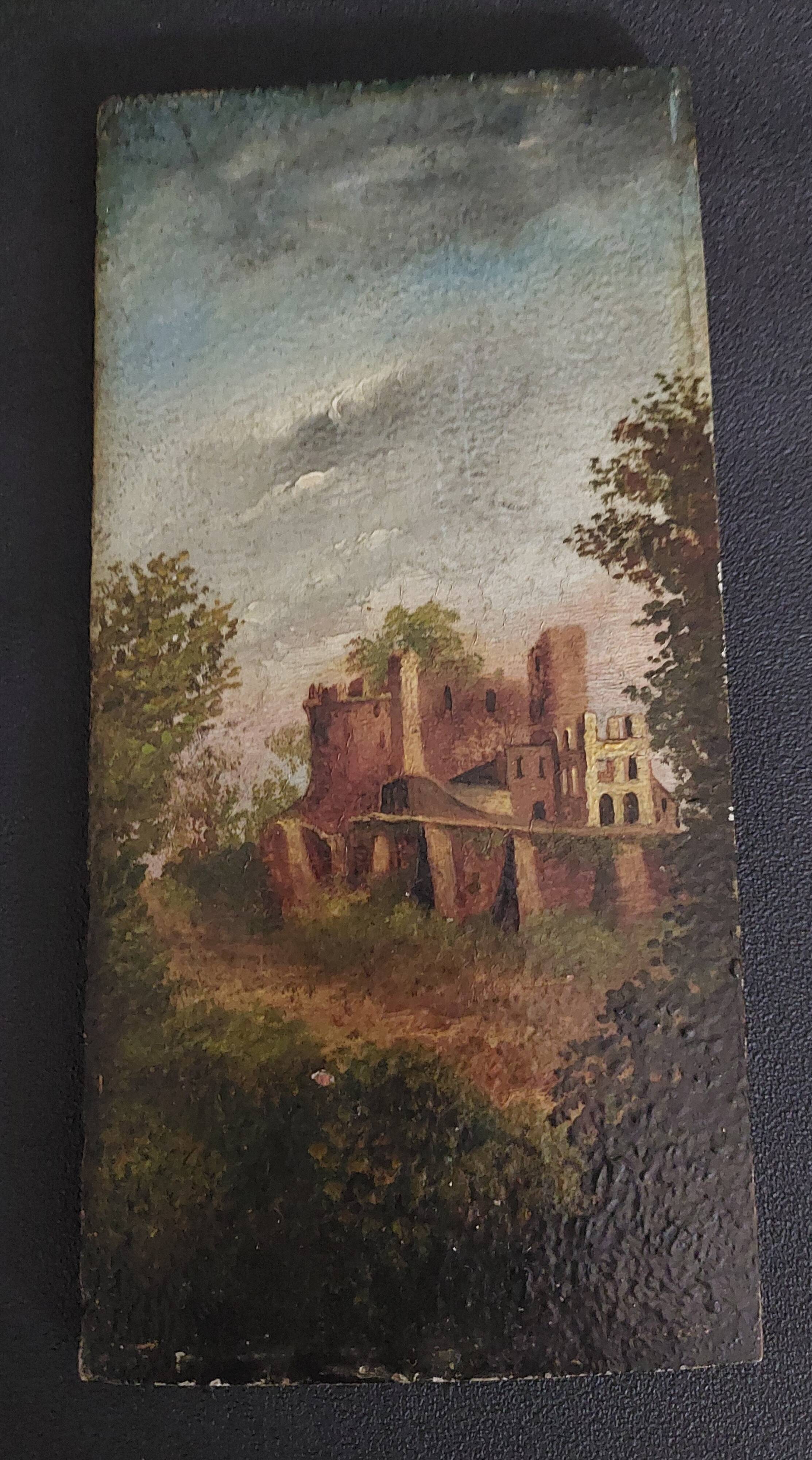 Oil painting on panel romantic landscape ruins late 19th century