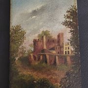 Oil painting on panel romantic landscape ruins late 19th century