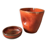 Enamelled stoneware tea cup and bowl
