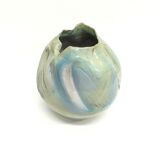 Postmodern sculptural hand-made iridescent blue glazed earthenware vase, italy
