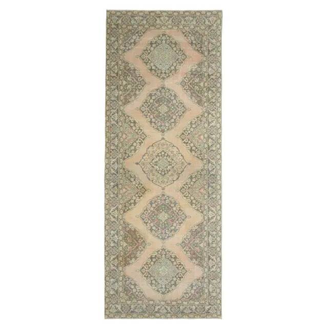 1970s Vintage Turkish Oushak Handmade Wool Cotton Orange Runner Rug 147x386