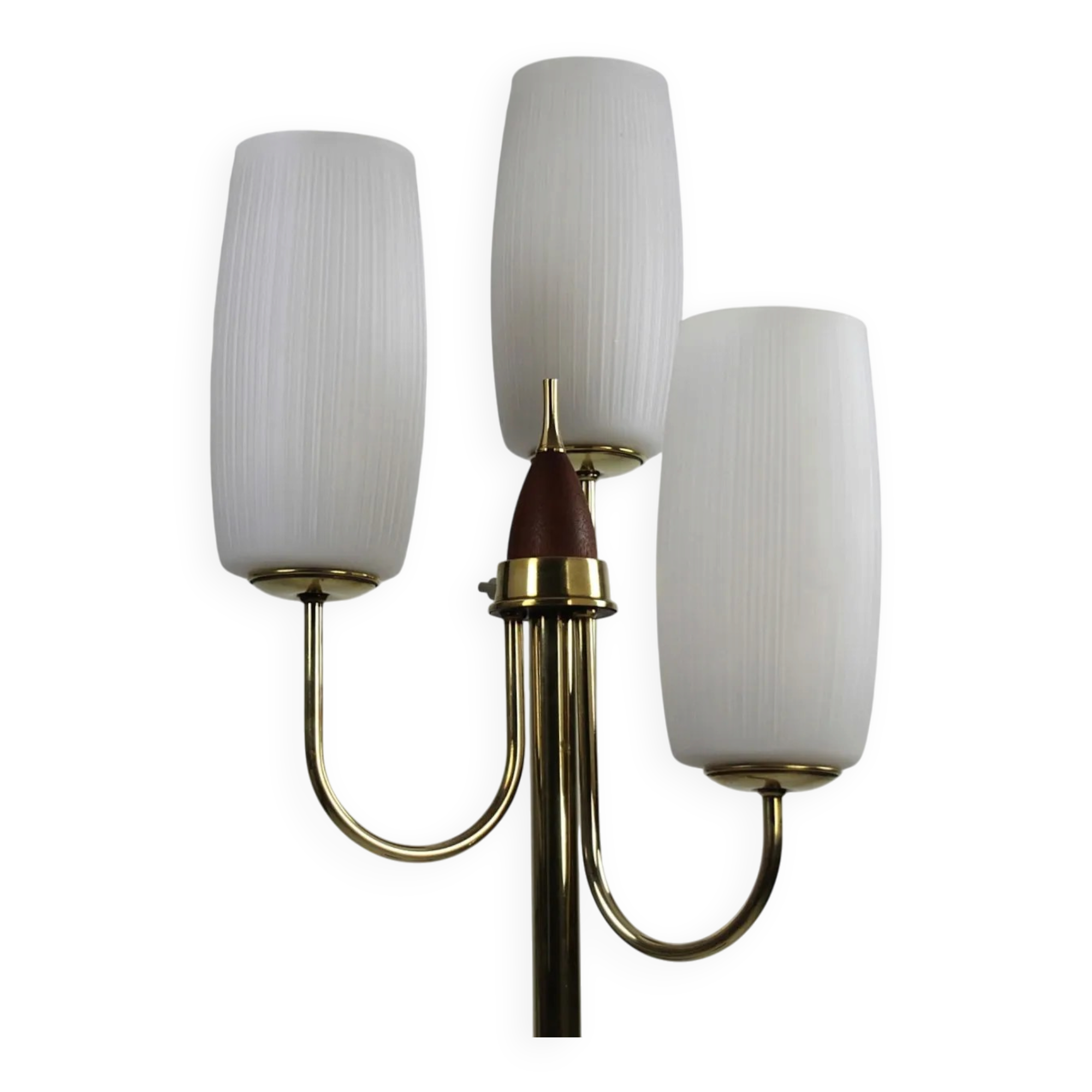 Brass & Teak Three-Light Candelabra Floor Lamp — Scandinavia, 1940s/1950s