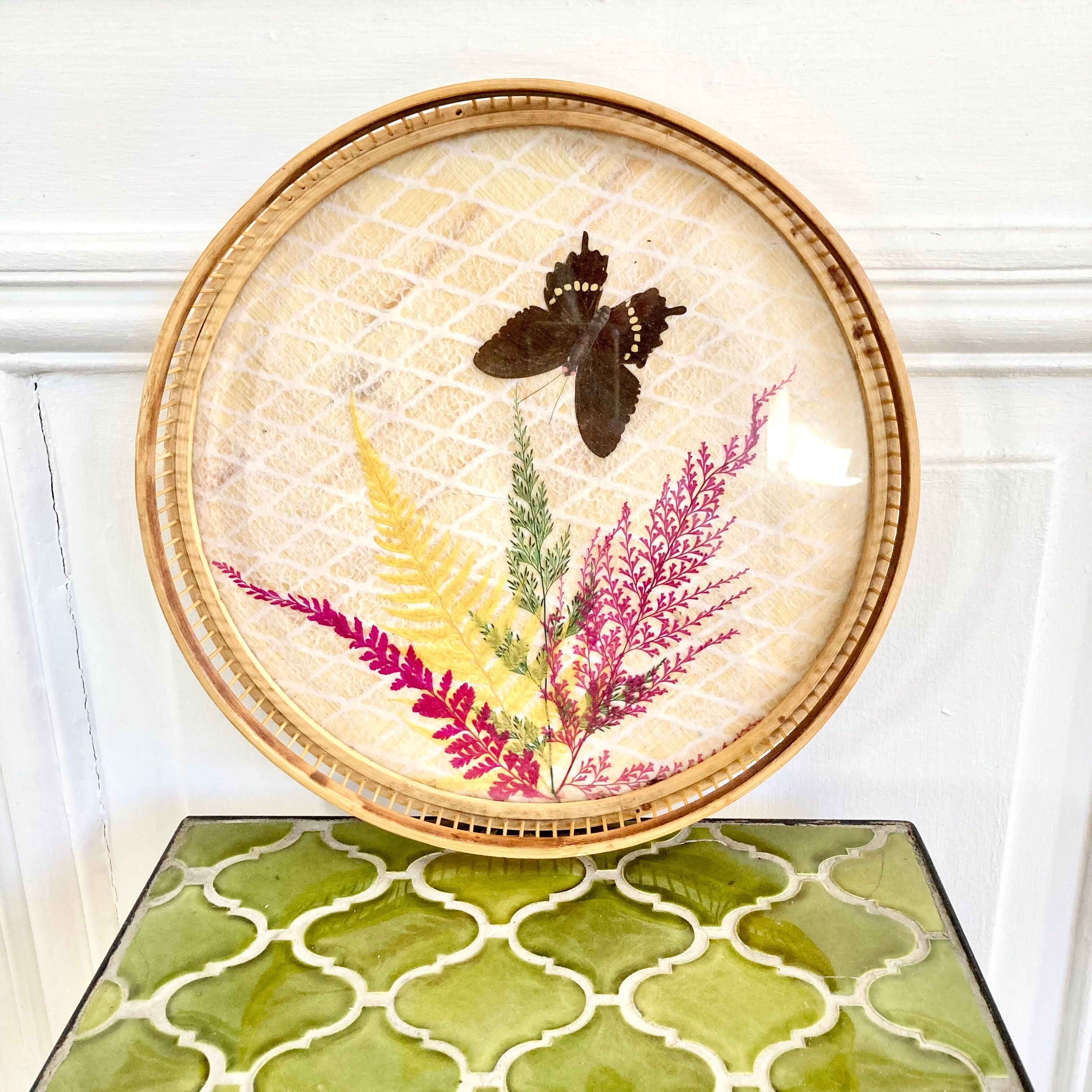 Bamboo butterfly tray and 6 vintage coasters